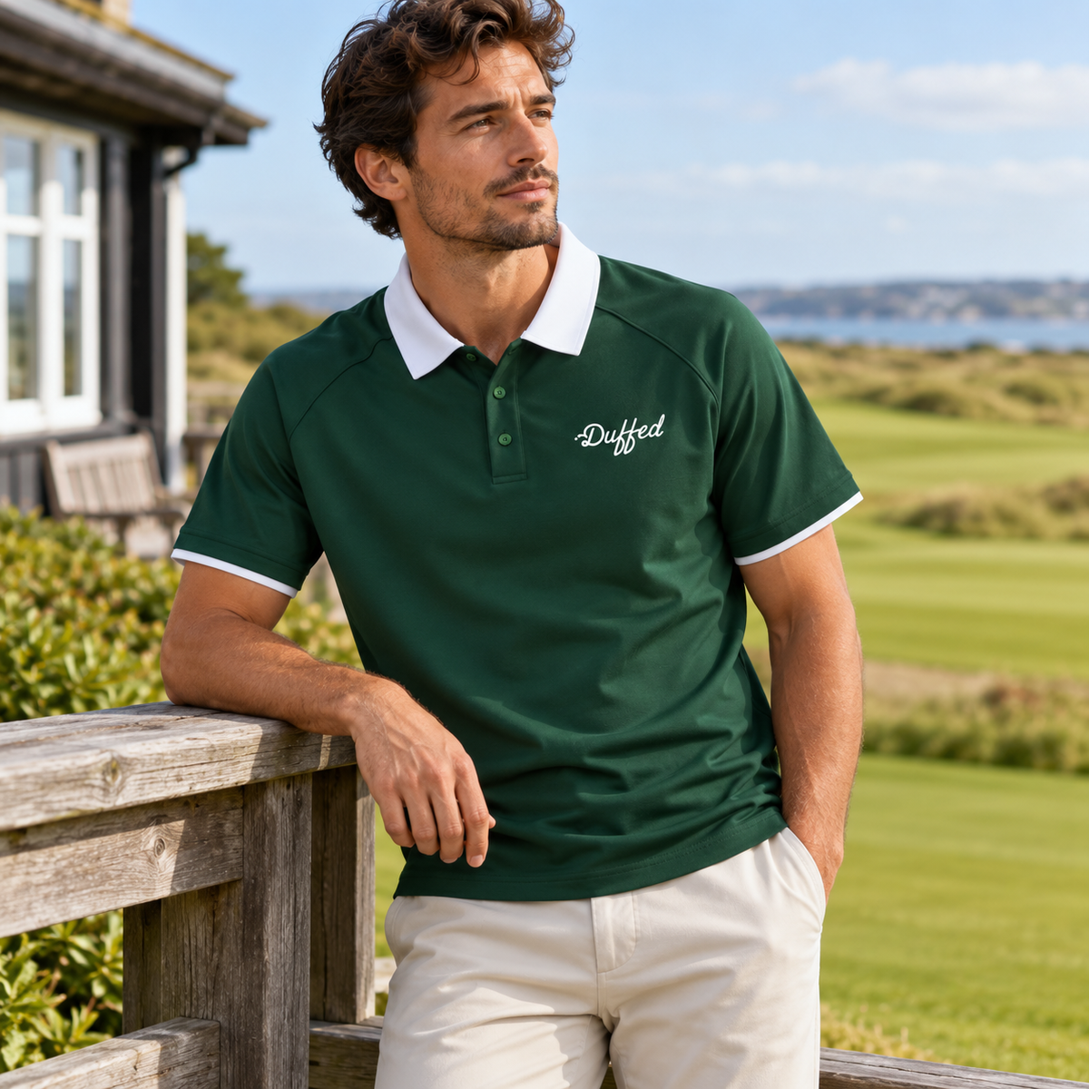Duffed Contrast Collar Raglan Polo — Dark Green — coastal golf lifestyle