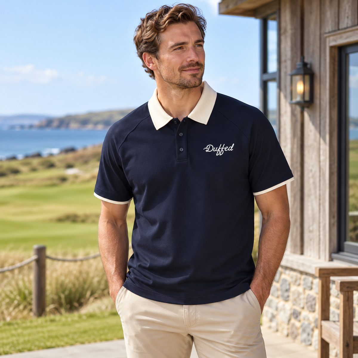 Duffed Contrast Collar Raglan Polo — Navy Blue — coastal golf lifestyle