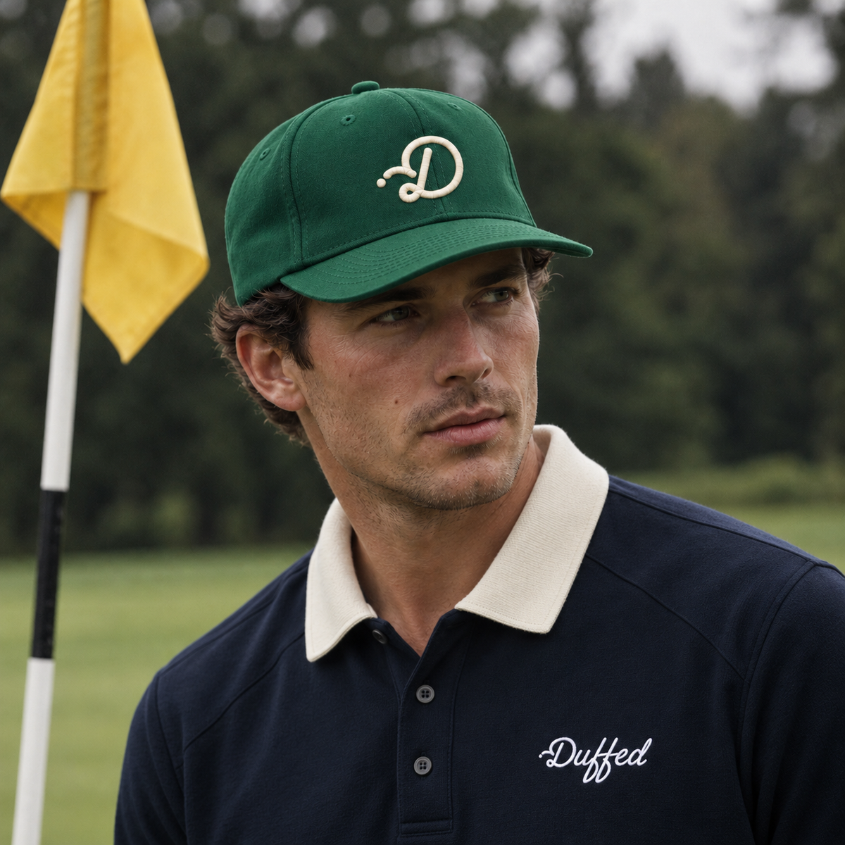 Close portrait featuring Duffed Fairway D cap and navy contrast-collar polo