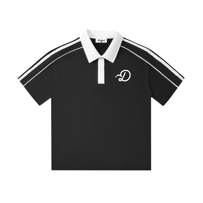 Duffed Contrast Collar Short-Sleeve Polo — Black — front product view