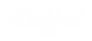 Duffed white script wordmark