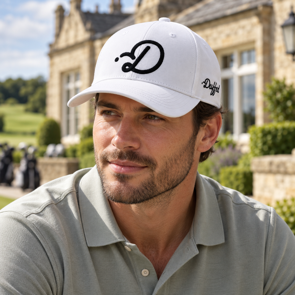 Duffed Alpine D Cap — male lifestyle portrait at the clubhouse