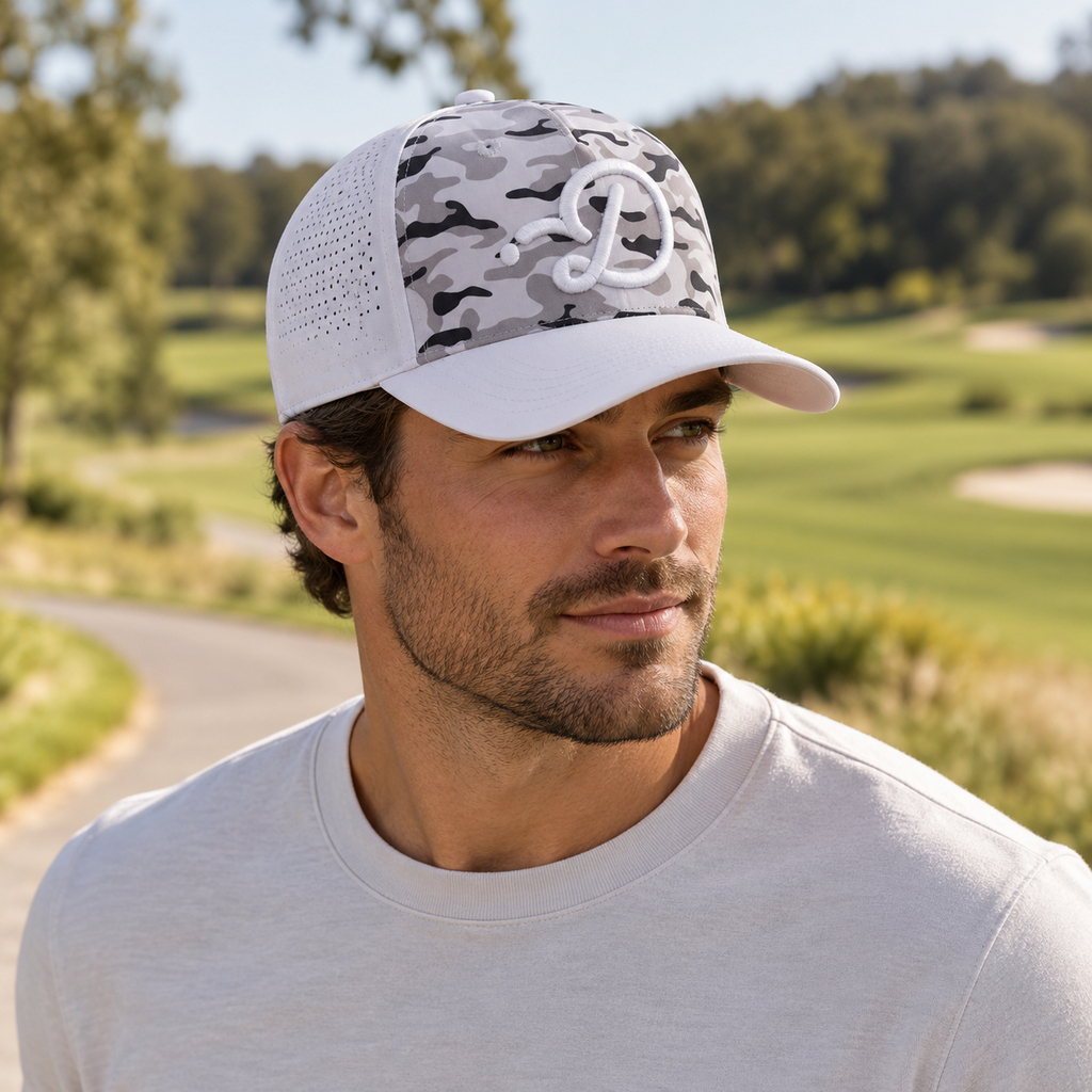 Duffed Arctic Camo D Cap — male lifestyle portrait on the course