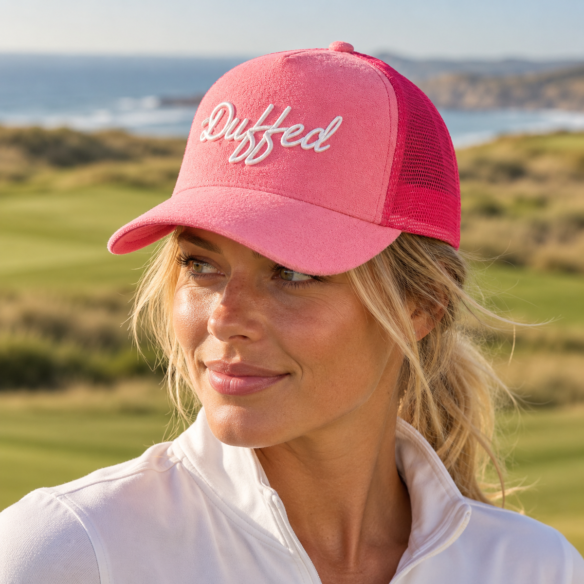 Duffed Azalea Script Trucker — close-up coastal golf lifestyle photograph