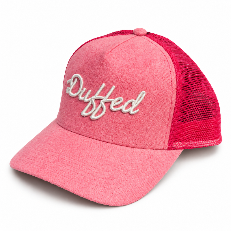Duffed Azalea Script Trucker — studio product photograph