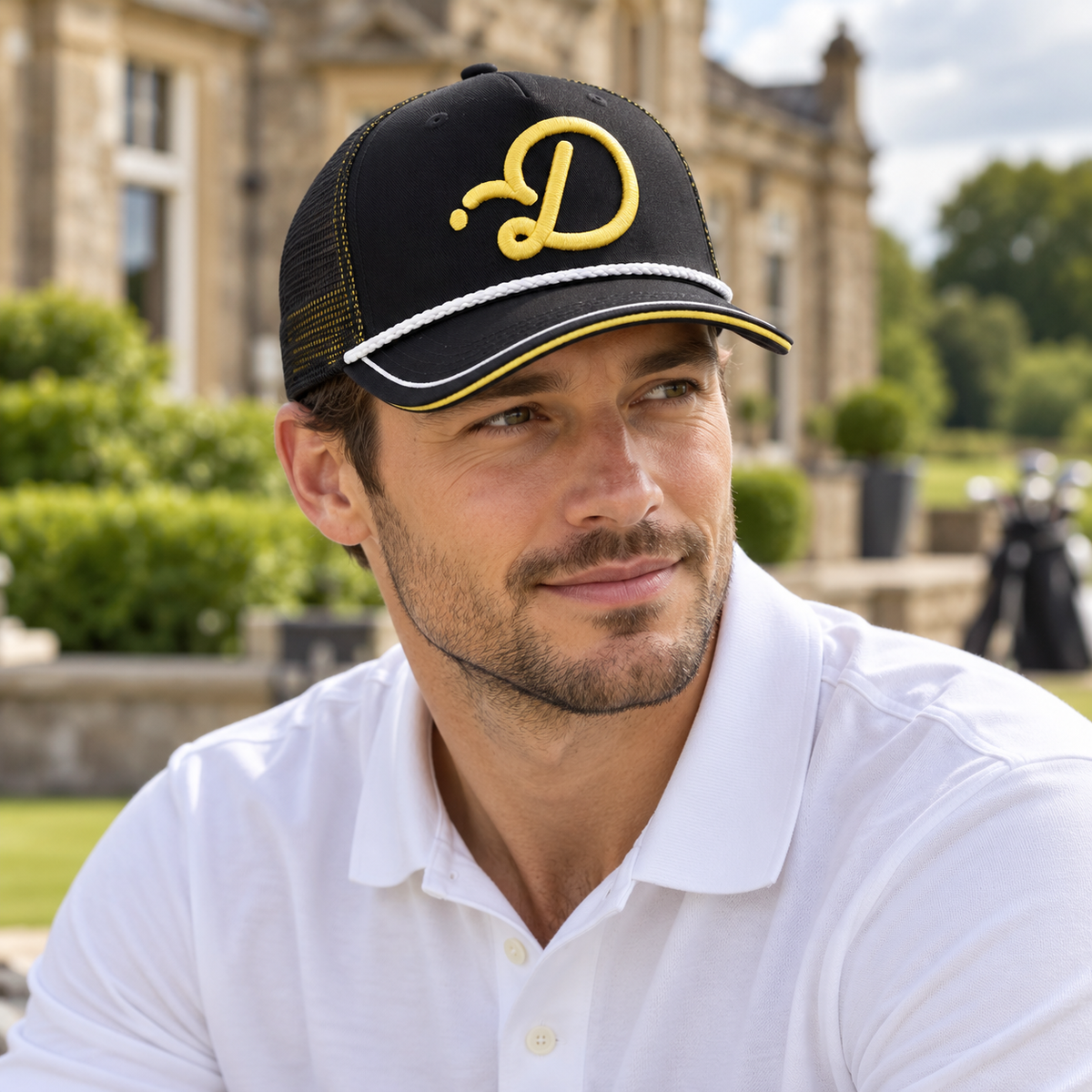 Duffed Black & Gold D Trucker — male lifestyle portrait at the clubhouse