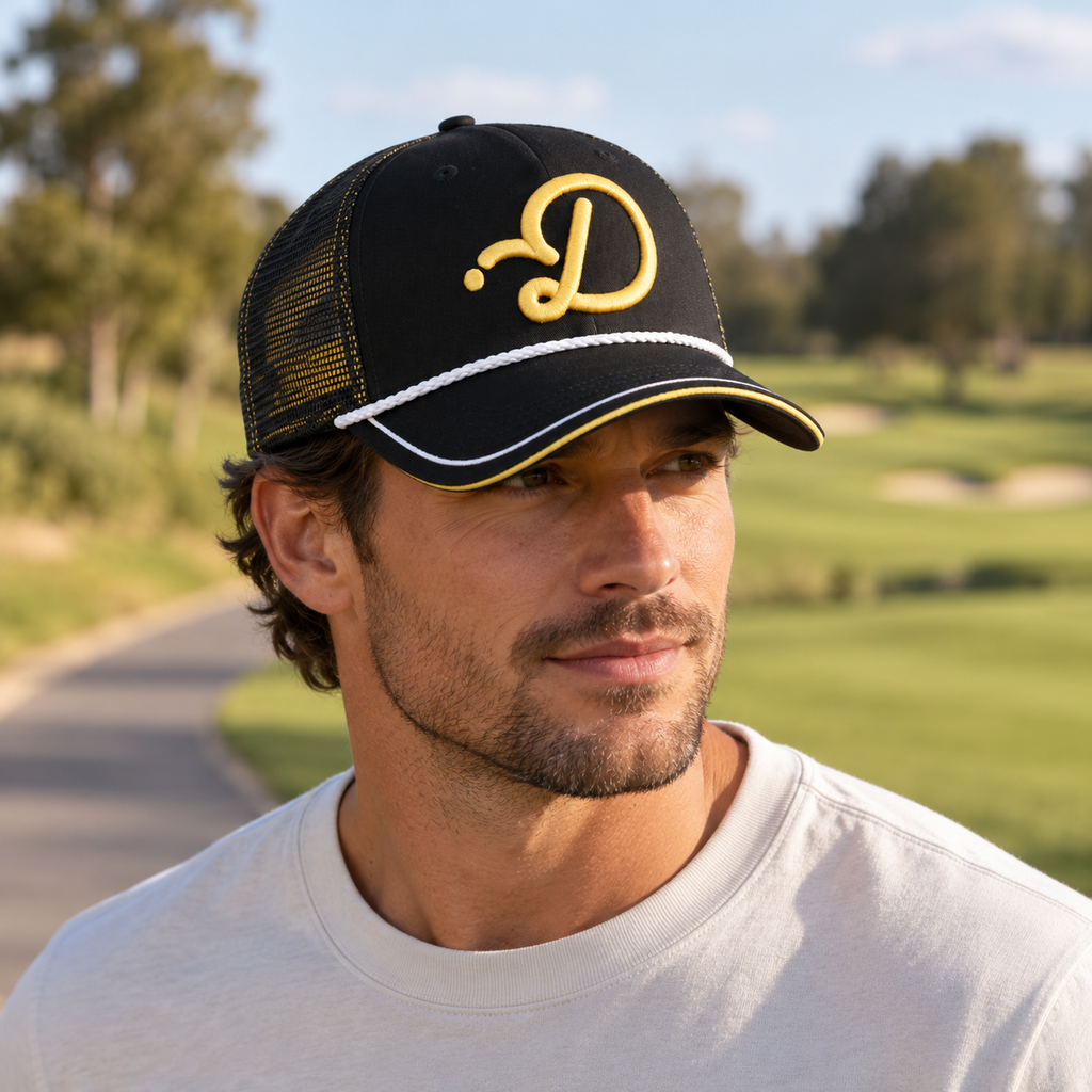 Duffed Black & Gold D Trucker — male lifestyle portrait on the course