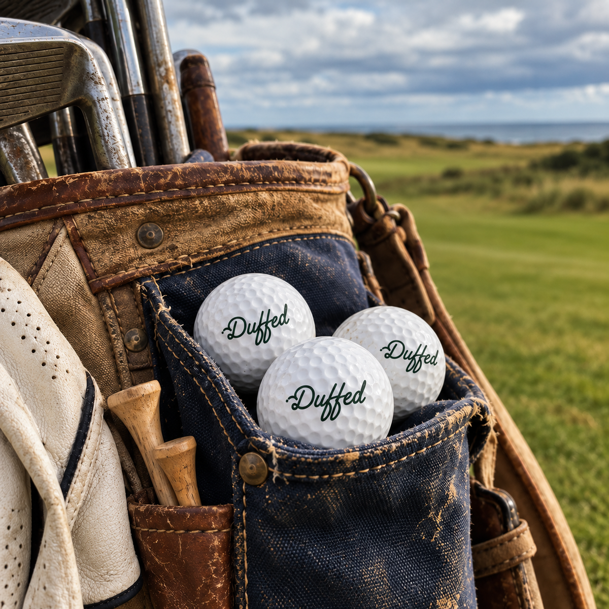 Three Duffed Forest Script white golf balls in an unbranded golf bag