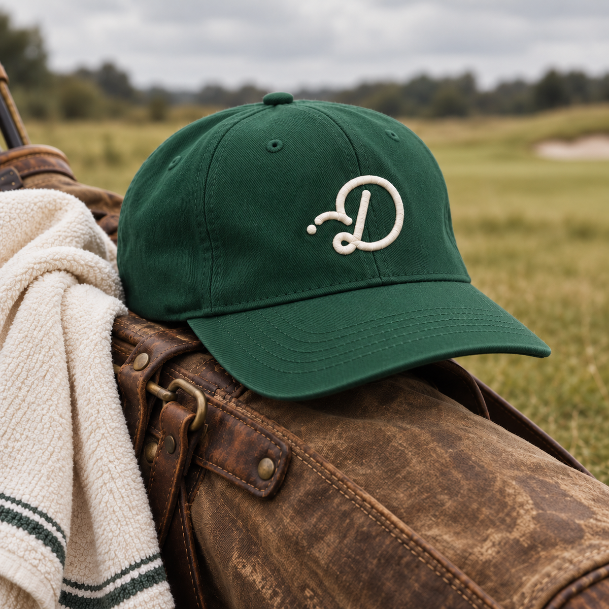 Duffed Fairway D cap resting on an unbranded golf bag