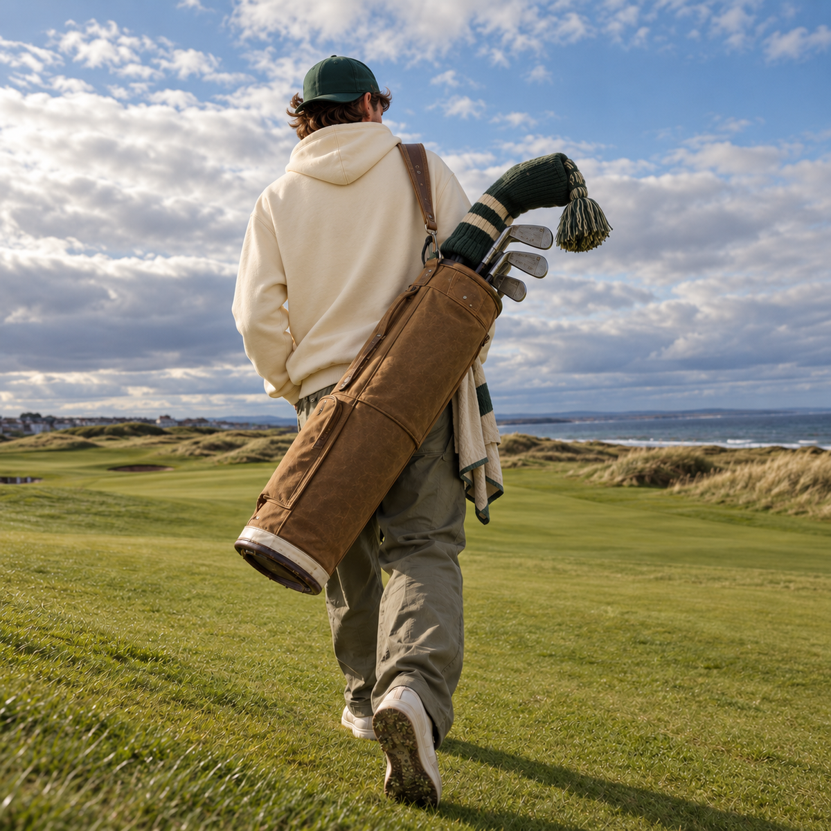 Golfer wearing the Duffed apricot hoodie and Fairway D cap beside the coastal course