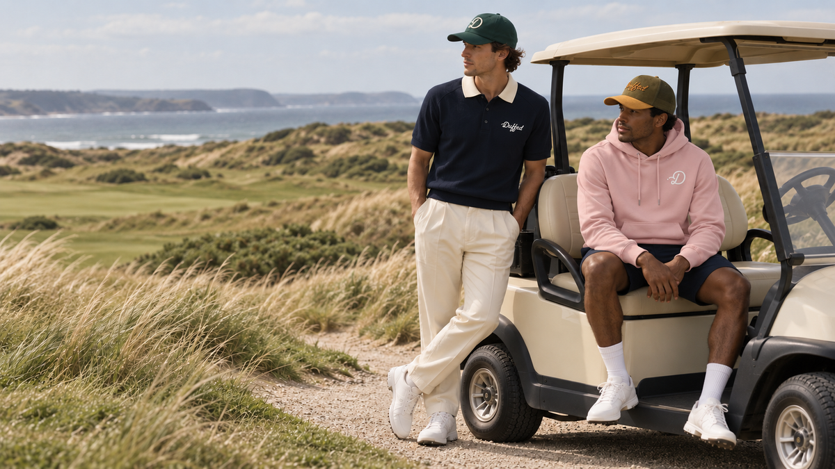 Golfers in the Duffed navy contrast-collar polo, pink D hoodie, Fairway D cap and Olive & Ochre trucker