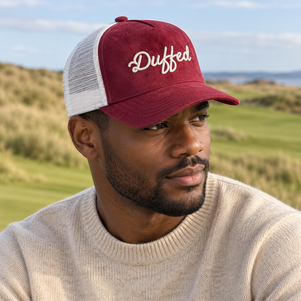 Duffed Claret & White Script Trucker — Claret / White lifestyle