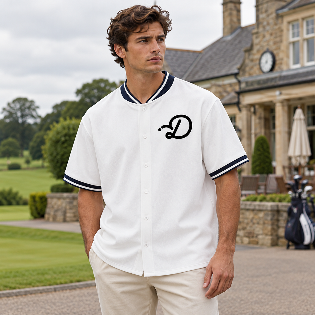 Duffed Clubhouse Baseball Jersey — front view worn by a male model