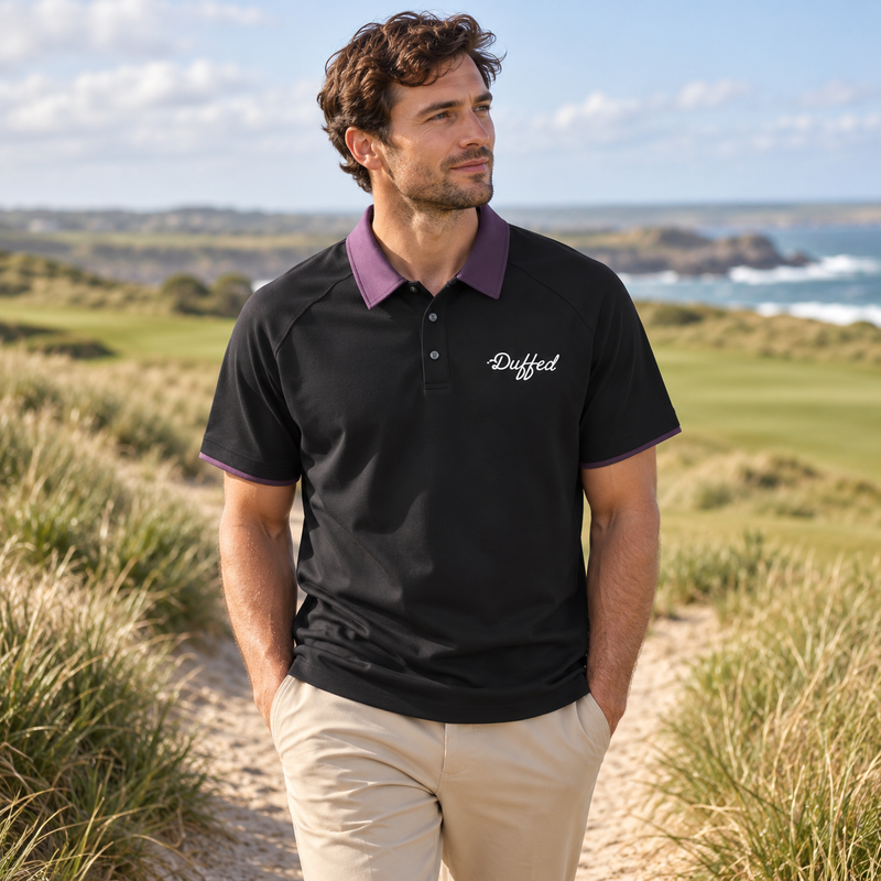 Duffed Contrast Collar Raglan Polo — Black — coastal golf lifestyle