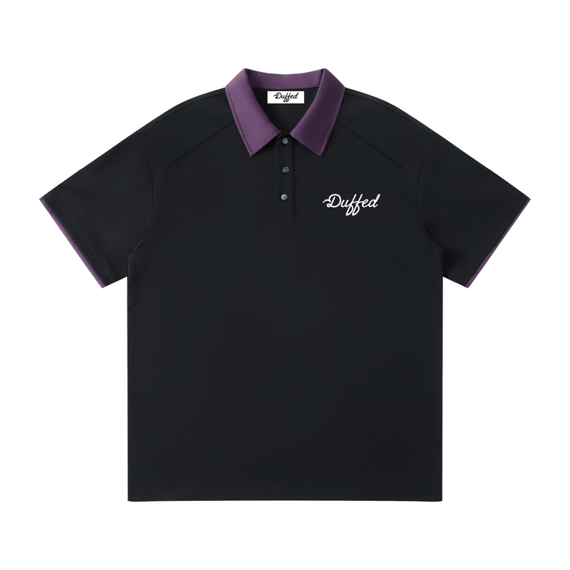 Duffed Contrast Collar Raglan Polo — Black — front product view