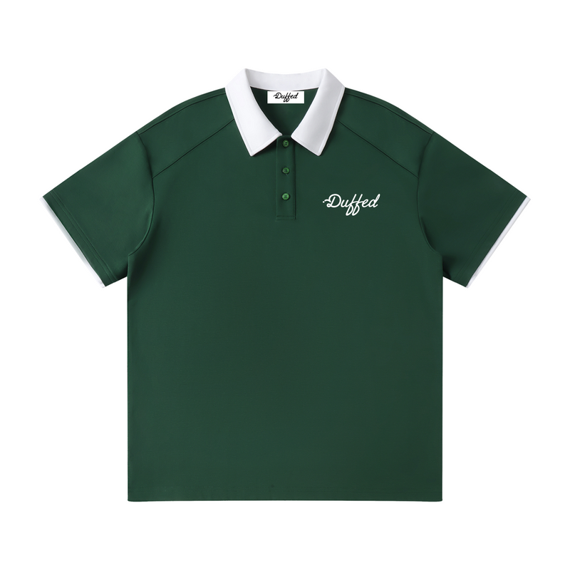 Duffed Contrast Collar Raglan Polo — Dark Green — front product view