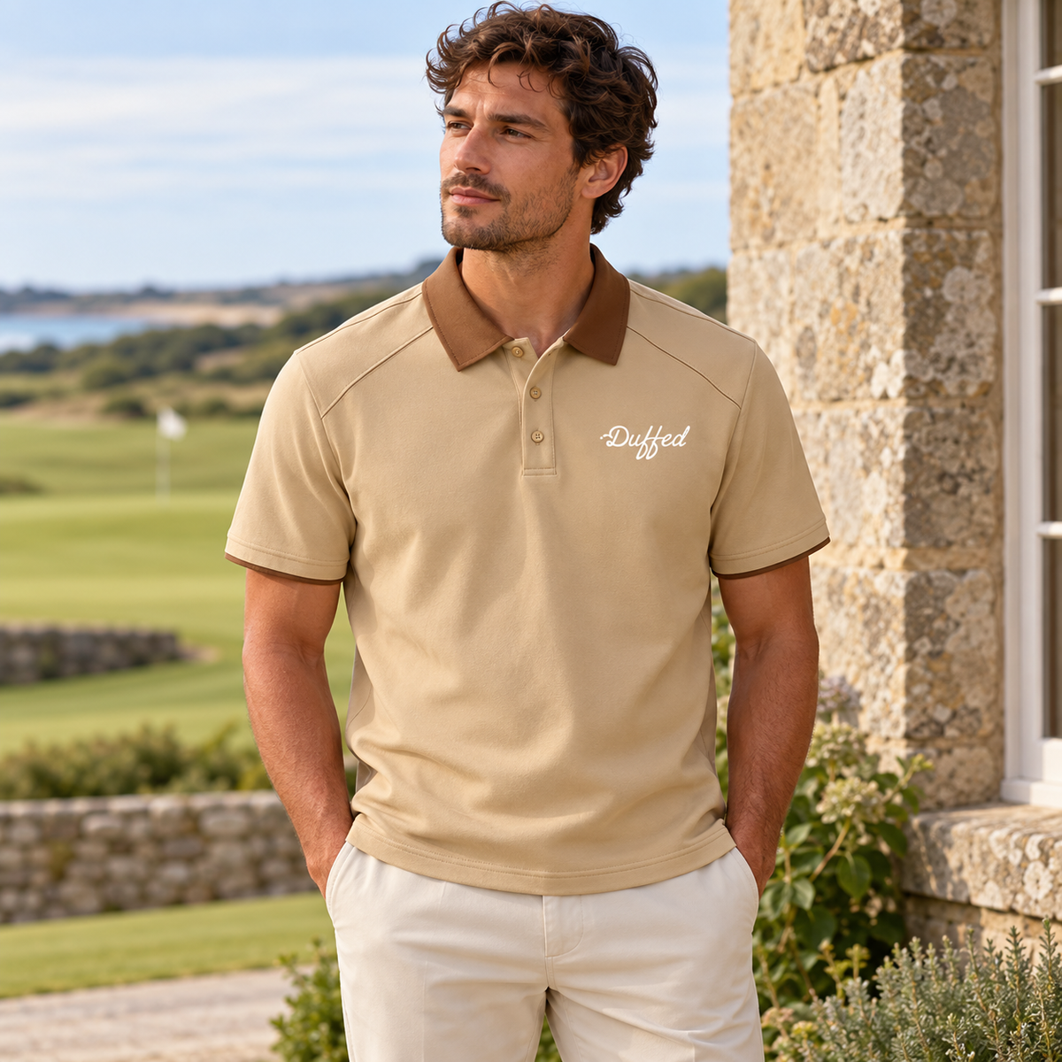 Duffed Contrast Collar Raglan Polo — Khaki — coastal golf lifestyle