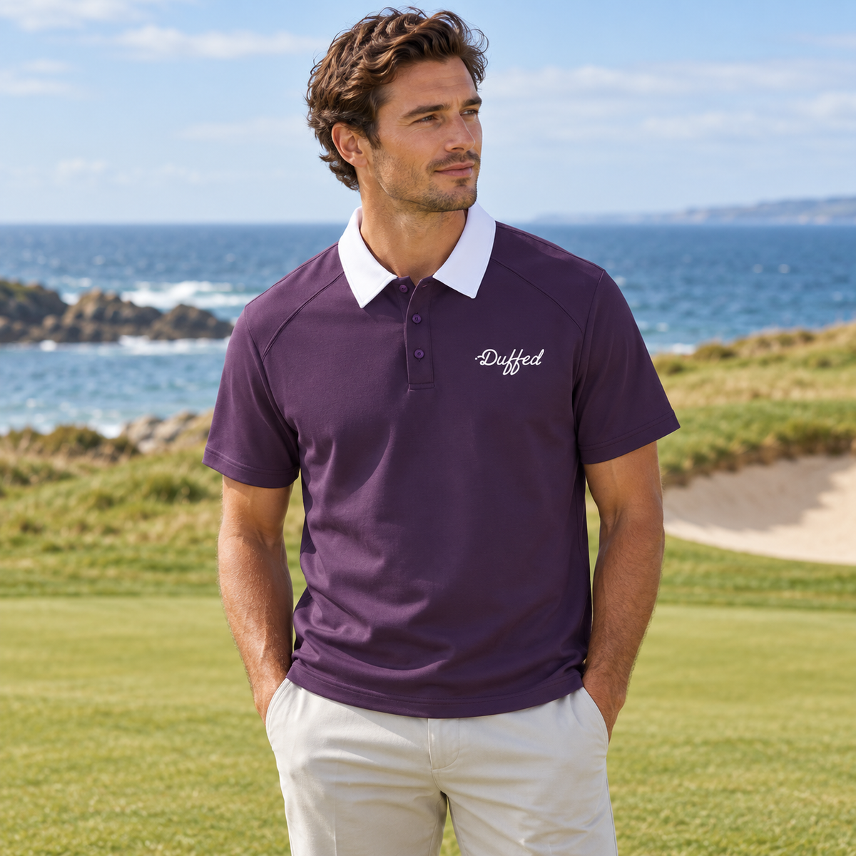 Duffed Contrast Collar Raglan Polo — Purple — coastal golf lifestyle