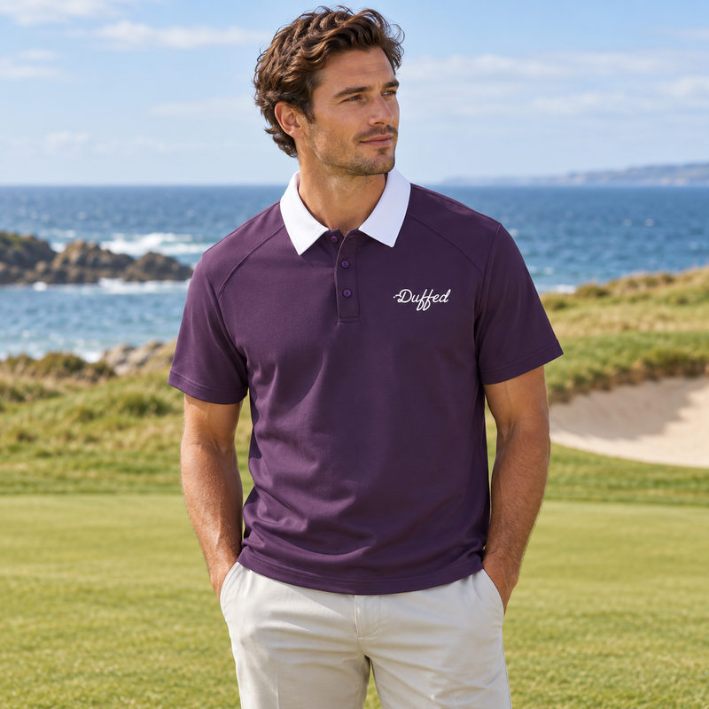 Duffed Contrast Collar Raglan Polo — Purple — coastal golf lifestyle