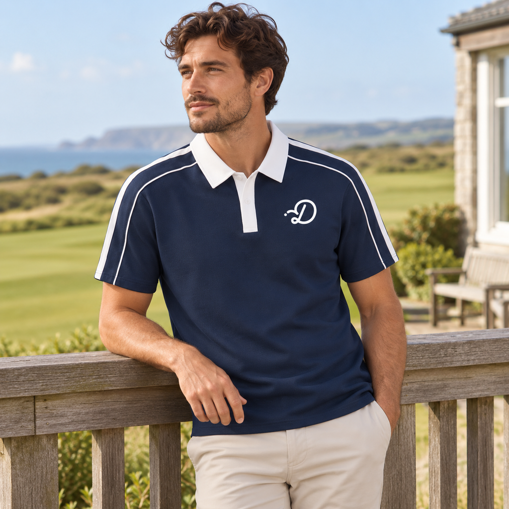 Duffed Contrast Collar Short-Sleeve Polo — Navy Blue — coastal golf lifestyle