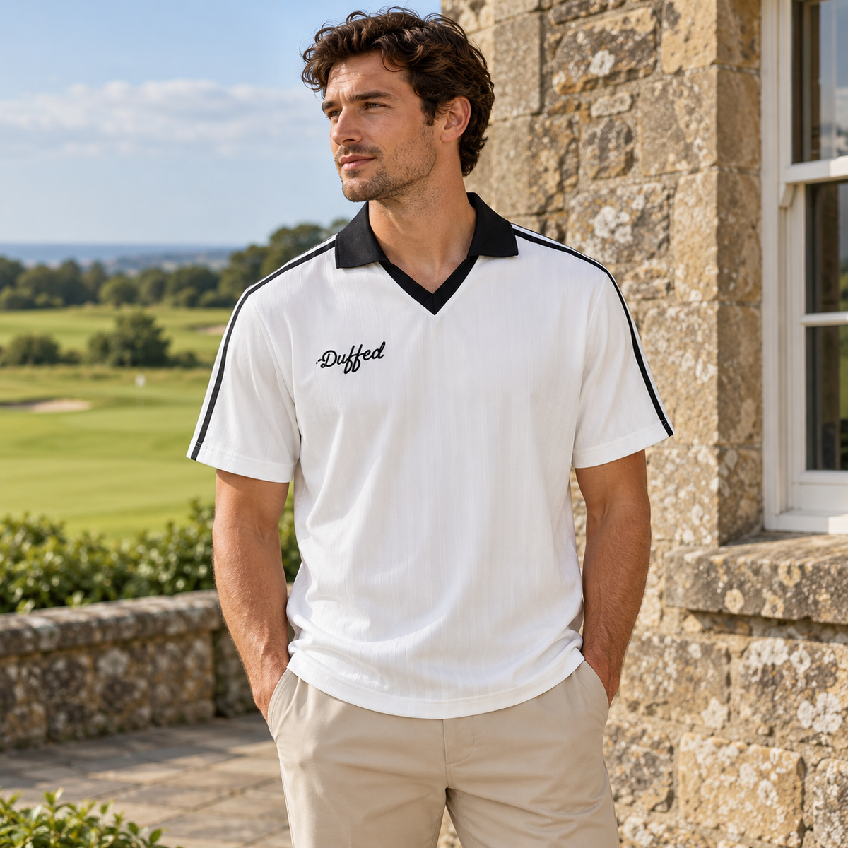 Duffed Contrast Collar Striped Jersey — White with Black — coastal golf lifestyle