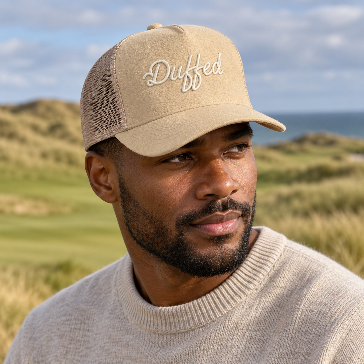 Duffed Dune Script Trucker — Sand lifestyle