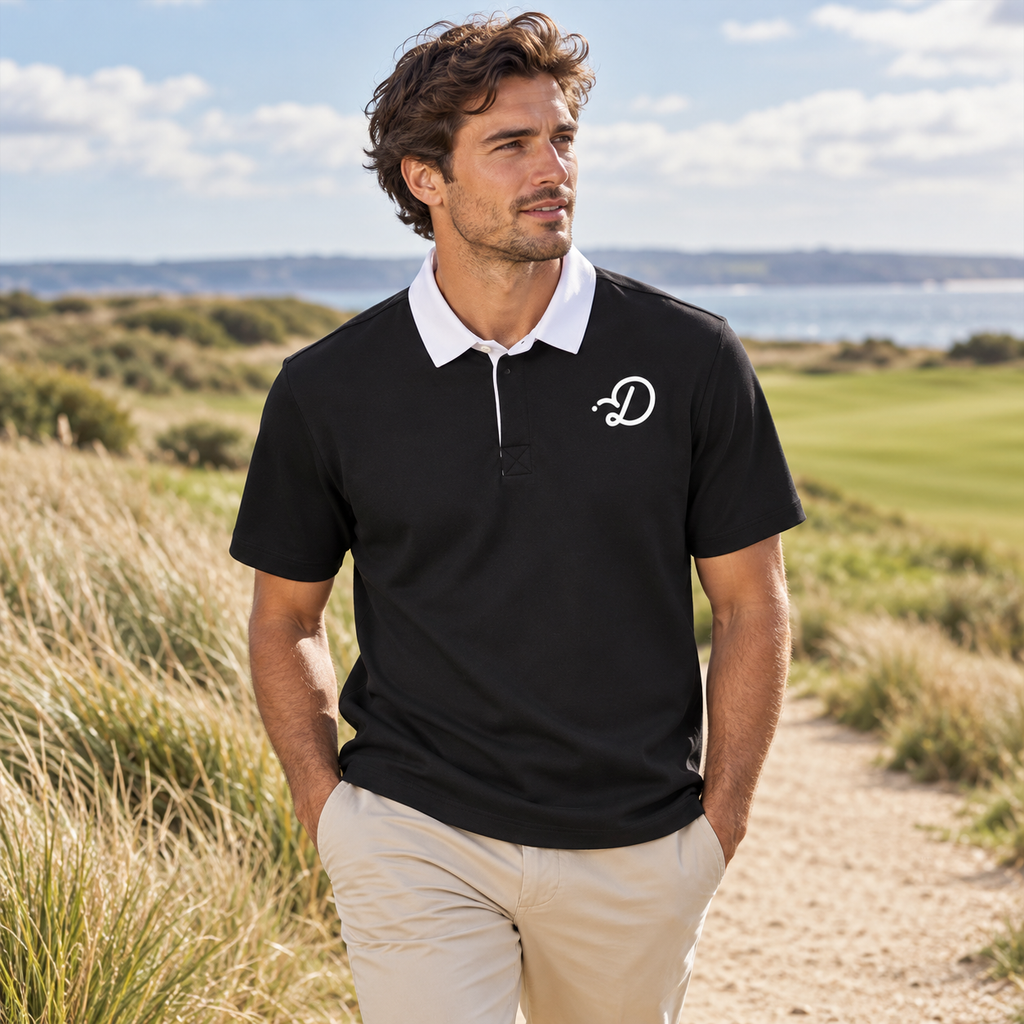 Duffed Essential Contrast Polo — Black — coastal golf lifestyle