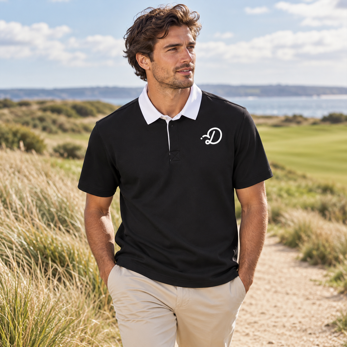 Duffed Essential Contrast Polo — Black — coastal golf lifestyle