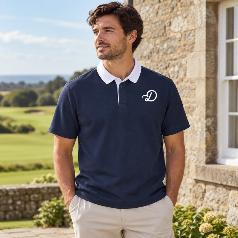 Duffed Essential Contrast Polo — Navy Blue — coastal golf lifestyle