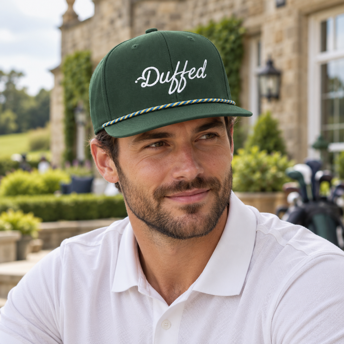 Duffed Fairway Script Rope Cap — male lifestyle portrait at the clubhouse