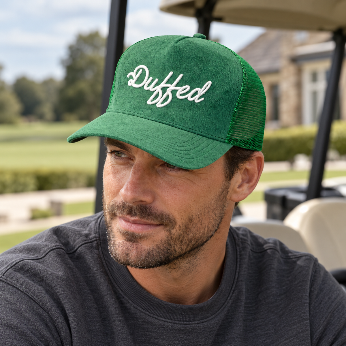 Duffed Green Script Trucker — Green lifestyle