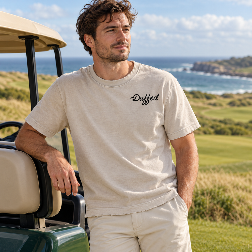 Duffed Heavyweight Vintage Washed Frayed T-Shirt — Light Apricot — coastal golf lifestyle