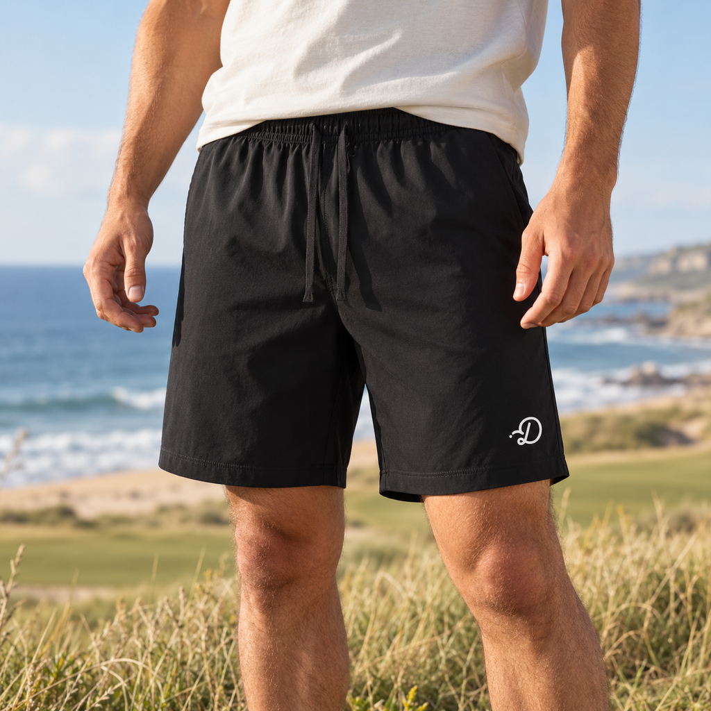 Duffed Lightweight Drawstring Shorts — Black — coastal golf lifestyle