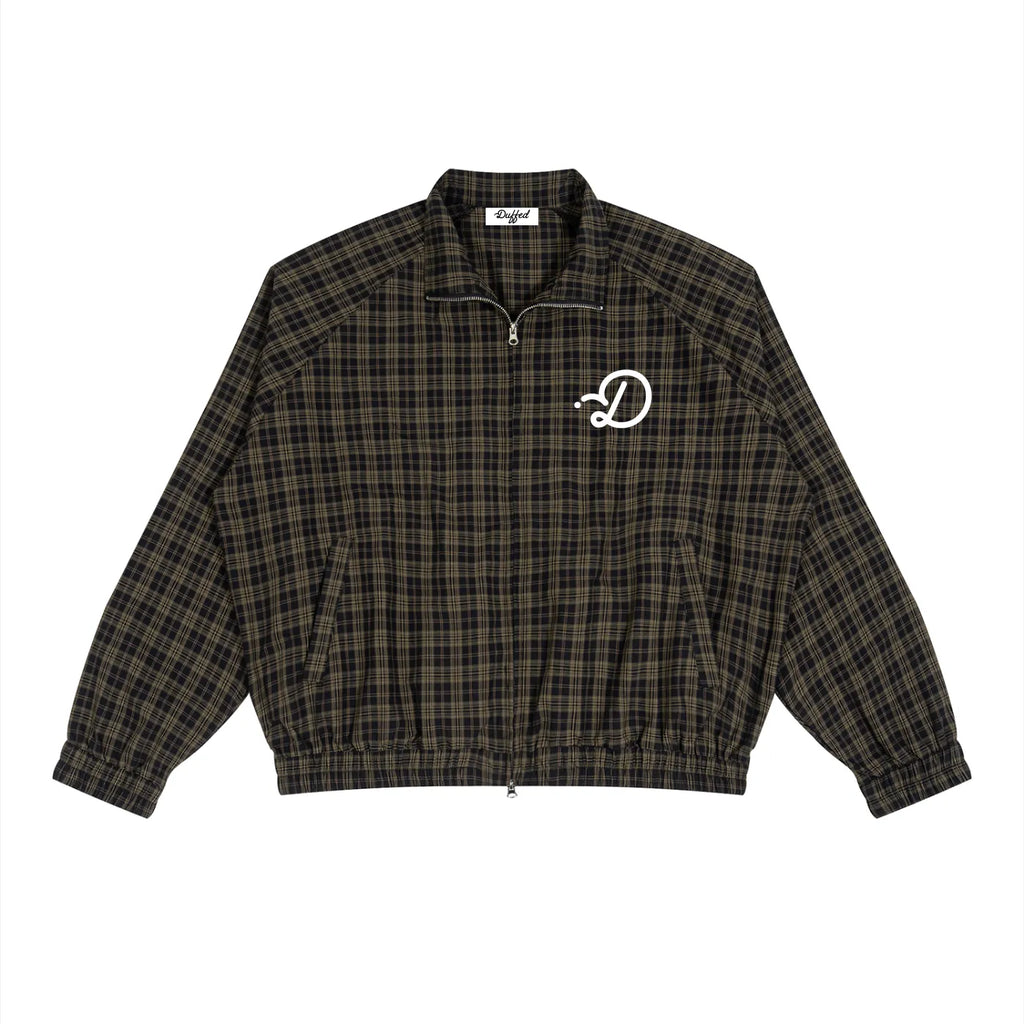 Duffed Links Plaid Track Jacket — front with white D chest logo