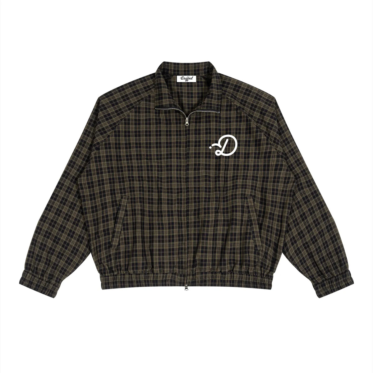 Duffed Links Plaid Track Jacket — front with white D chest logo