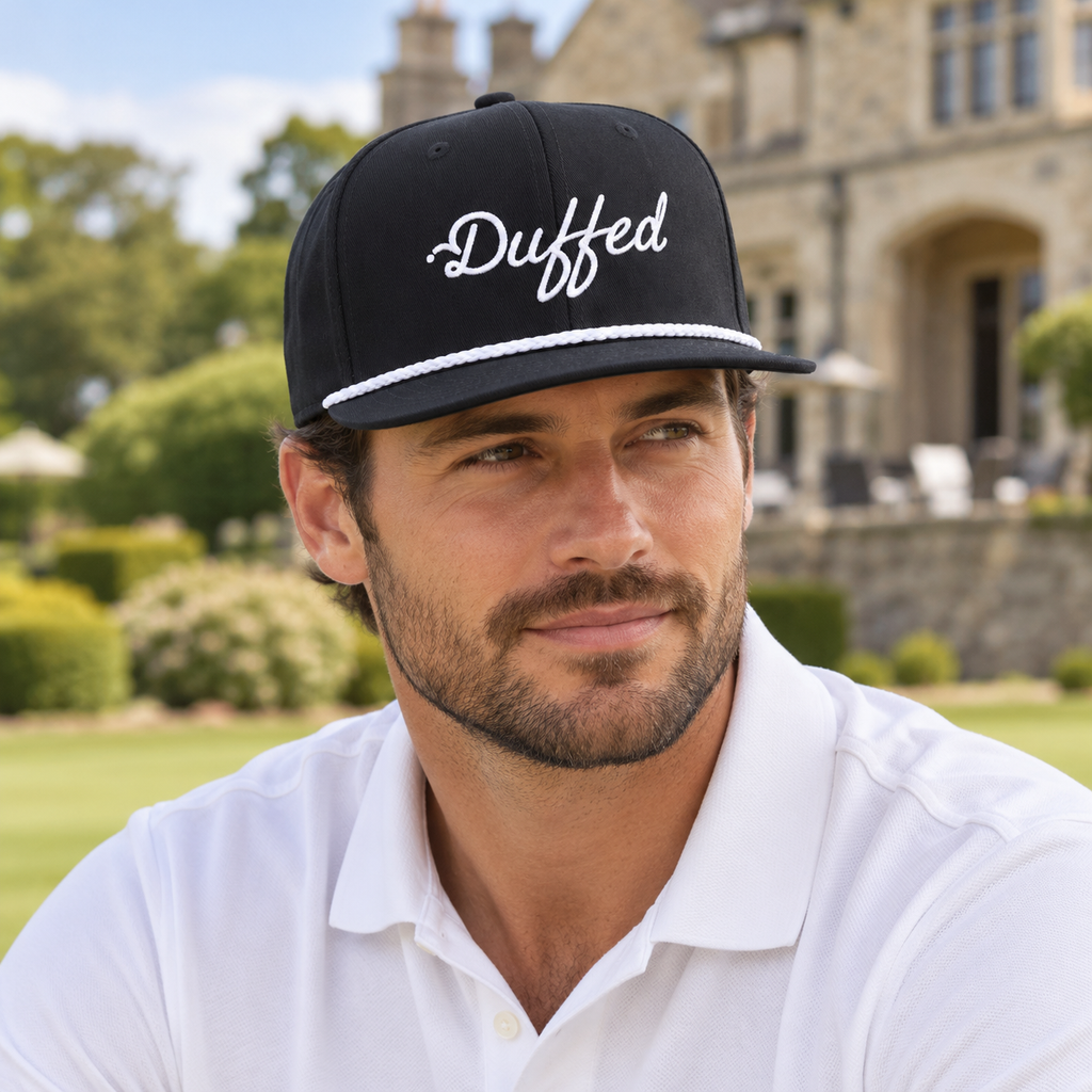 Duffed Midnight Script Rope Cap — male lifestyle portrait at the clubhouse