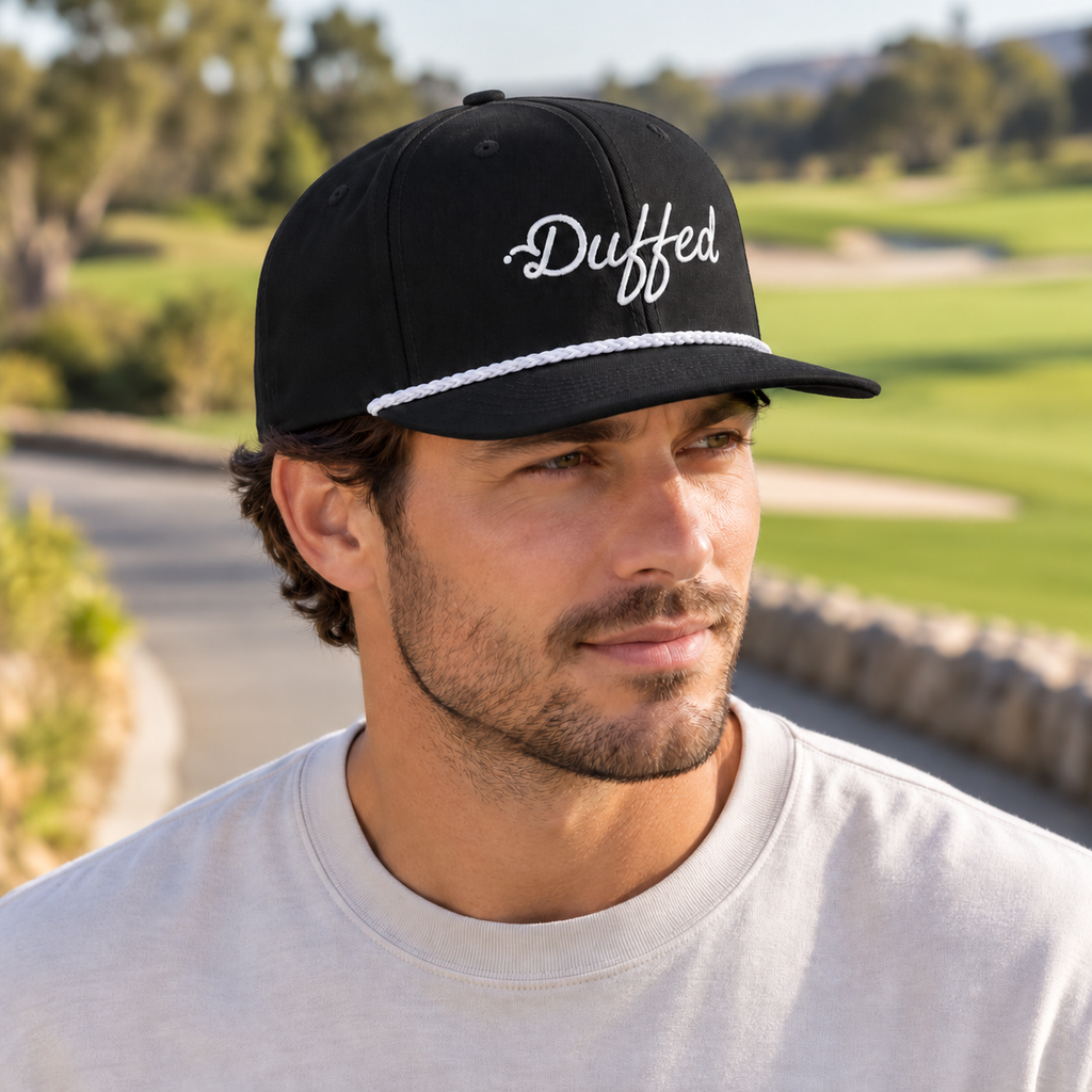 Duffed Midnight Script Rope Cap — male lifestyle portrait on the course