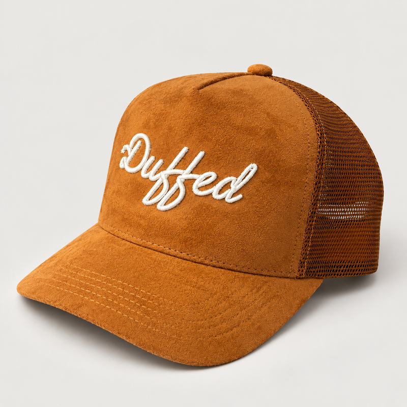 Duffed Ochre Script Trucker — Ochre product