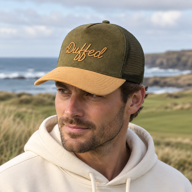 Duffed Olive & Ochre Script Trucker — Olive / Ochre lifestyle