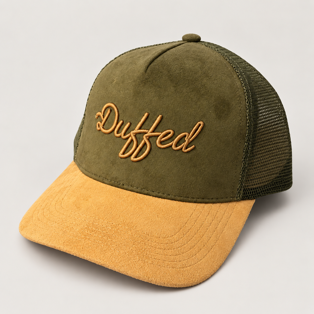 Duffed Olive & Ochre Script Trucker — Olive / Ochre product
