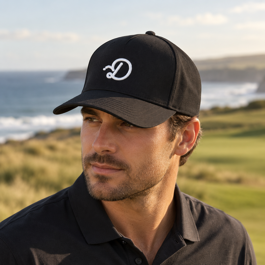 Duffed Onyx D Cap — close-up coastal golf lifestyle photograph
