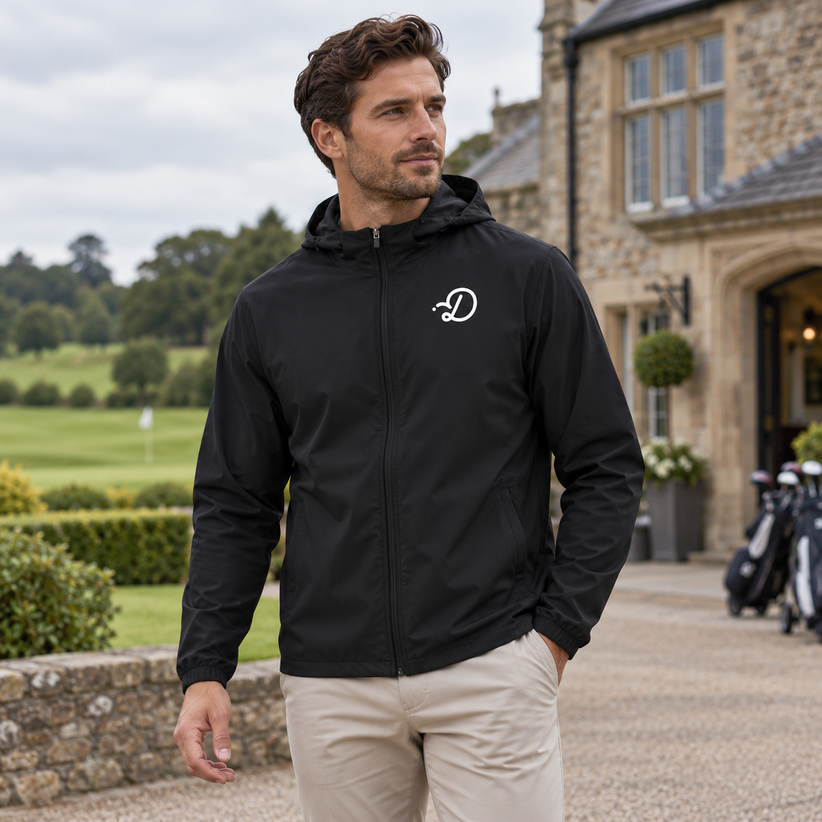 Duffed Onyx Hooded Sports Jacket — front view worn by a male model