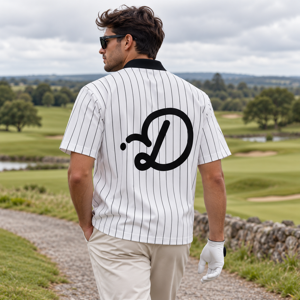 Duffed Pinstripe Script Jersey — back view worn by a male model