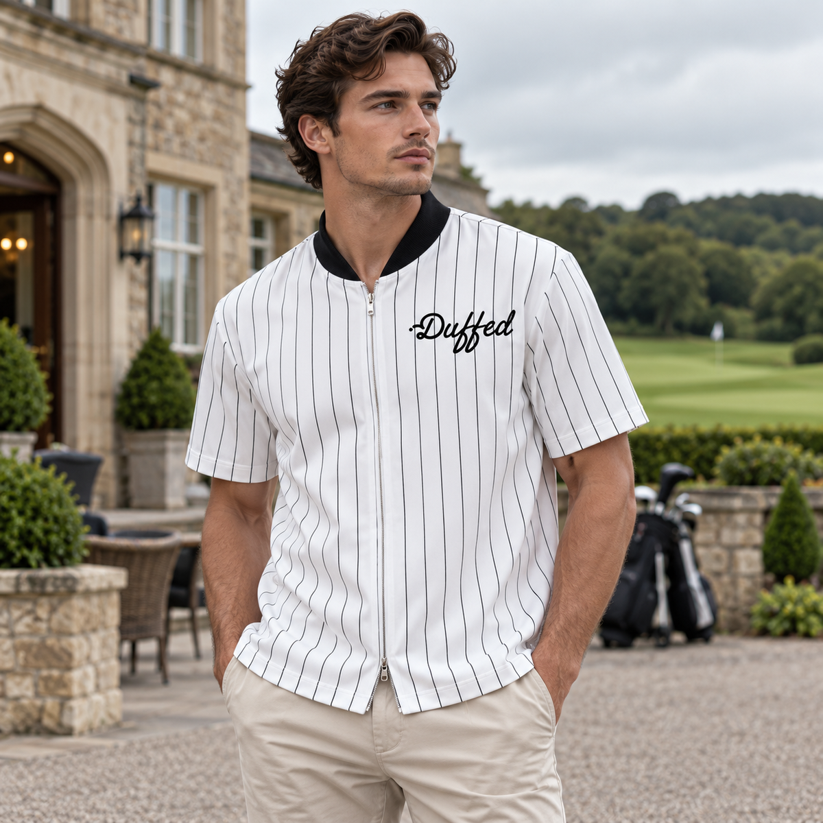 Duffed Pinstripe Script Jersey — front view worn by a male model