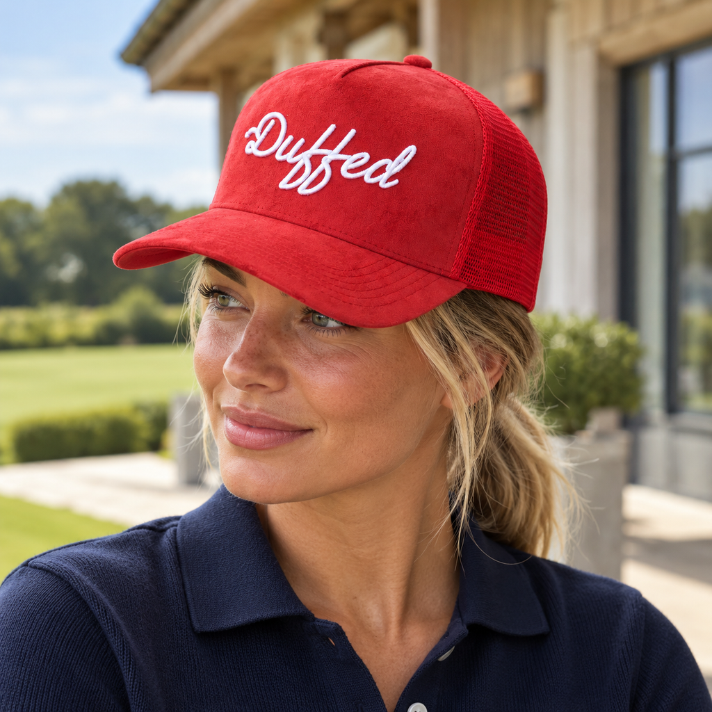 Duffed Scarlet Script Trucker — Scarlet Red lifestyle