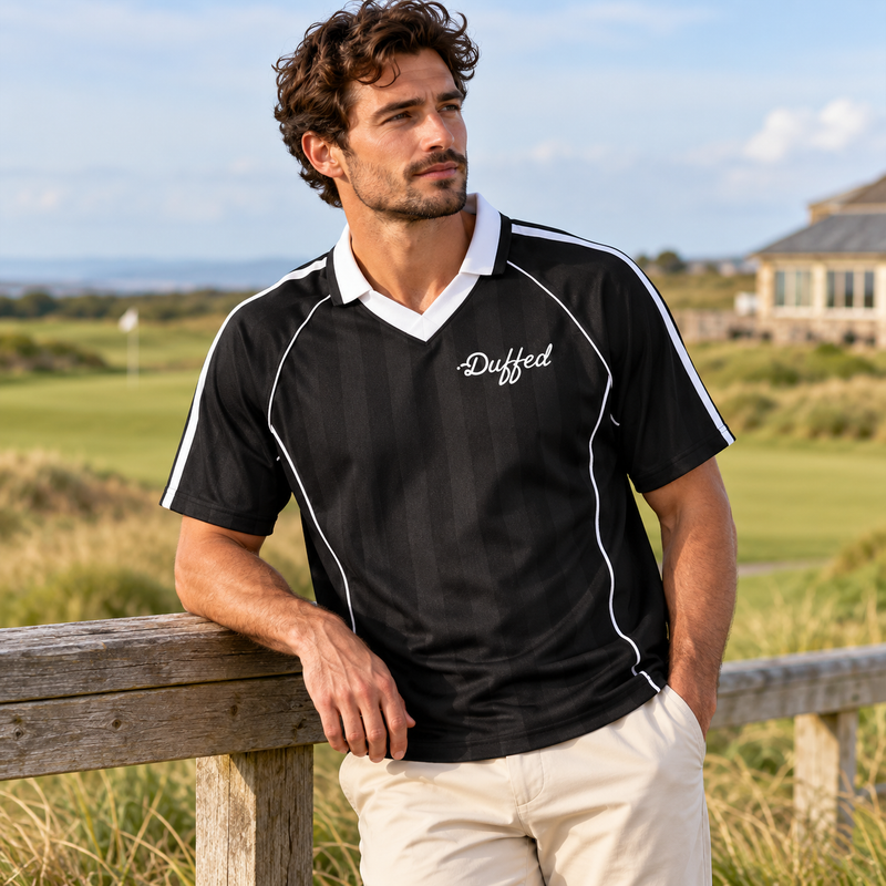 Duffed Shadow Stripe Collared Jersey — Black with White — coastal golf lifestyle