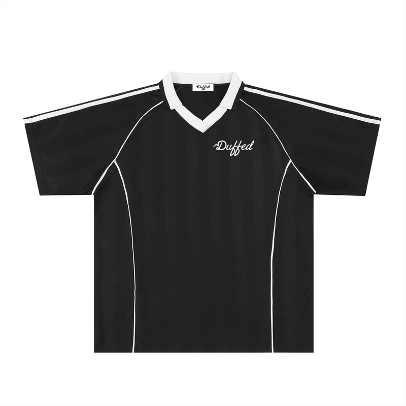 Duffed Shadow Stripe Collared Jersey — Black with White — front product view