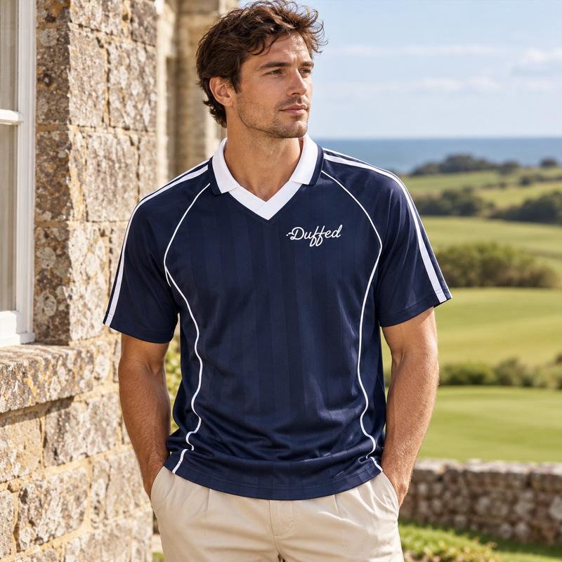 Duffed Shadow Stripe Collared Jersey — Navy Blue with White — coastal golf lifestyle