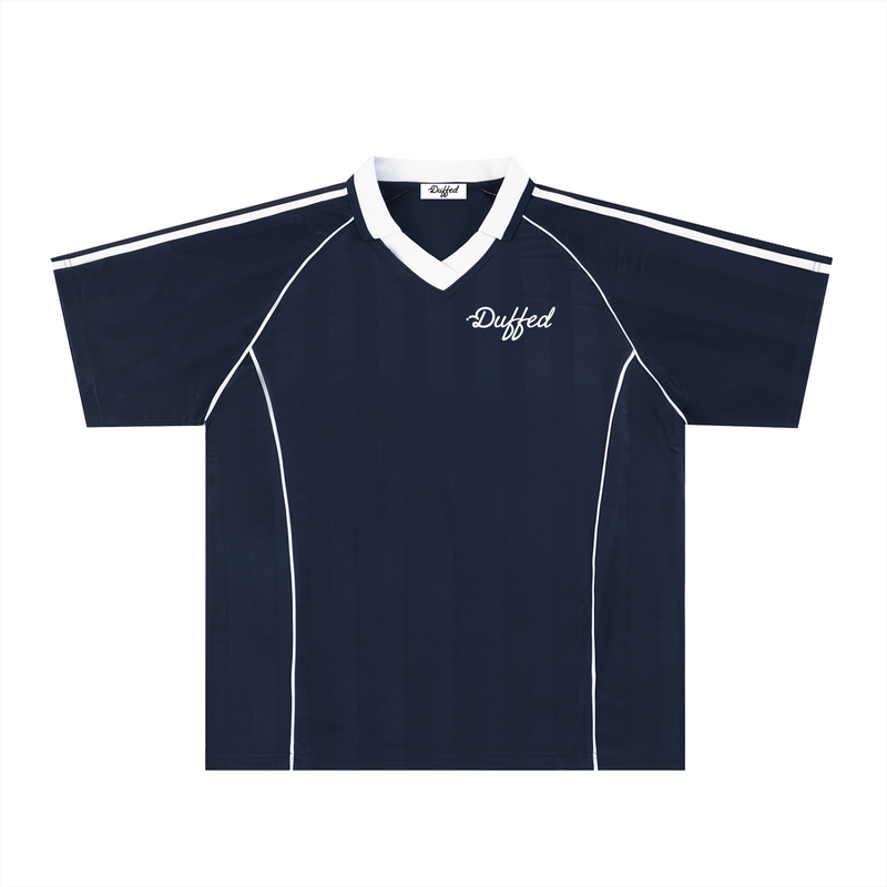 Duffed Shadow Stripe Collared Jersey — Navy Blue with White — front product view