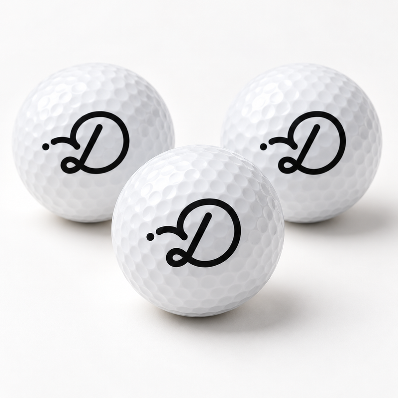 White Duffed golf balls with black D monogram